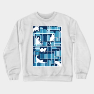 Rainbow bookshelf // monochromatic blue white shelf and library cats Crewneck Sweatshirt